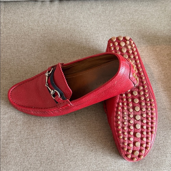 Gucci Red Leather Loafers with Silver Accents